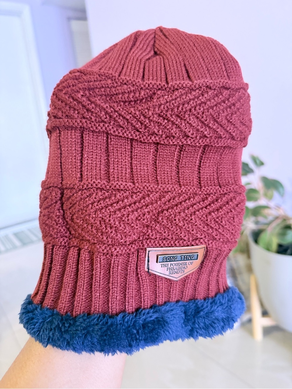 Unisex Knit Beanie Hat in Wine with Navy Faux-Fur Trim by
